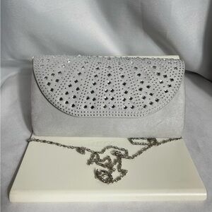 Elegant Gray Clutch Bag Purse Embellished Silver Stones And Chain NEW